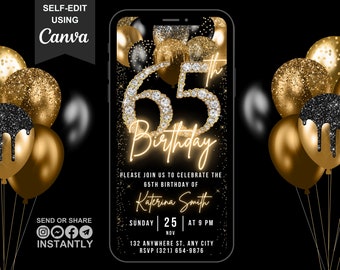 Digital 65th Birthday Invitation For Men, 65 Invite Ecard, Virtual Black Gold Balloon Diamond Video Party Invite For Him, Editable Template