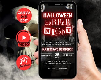 Puede incluir: Un teléfono inteligente negro con una invitación a una fiesta de Halloween roja y blanca en la pantalla. La invitación dice "Halloween hoRROR NiGhT" e incluye detalles sobre la fiesta, como la fecha, la hora y la ubicación. El teléfono está sostenido en una mano contra un fondo oscuro con una imagen de calavera.