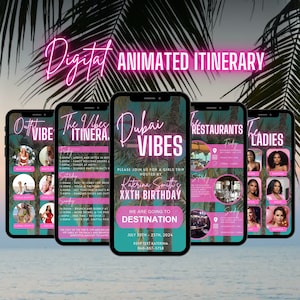 May include: A digital animated itinerary for a girls trip to Dubai for Katerina Smith's 20th birthday. The itinerary includes a list of outfits, activities, restaurants, and the ladies attending the trip. The background is a tropical beach scene.