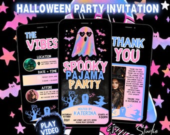 Spooky Pajama Halloween Party Digital Invitation, Animated Childrens Pink Ghost Video Invite, Girly Scary Electronic Evite, Editable eCard
