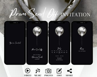 Minimalist Black Silver Prom Send Off Invitation, Elegant Digital King Prom Party Invite, Mens Classy Graduation Evite, Women Editable Ecard