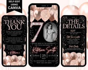 Digital 70th Birthday Picture Invitation For Women, Animated Rose Gold Balloon Image Dinner Party Invite For Her, Self Editable Brunch Ecard