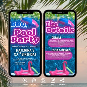 BBQ Pool Party Invitation, Digital Pink Summer Birthday Evite, Video Invite For Teens, Girls. Self Editable DIY Grill Ecard Template.