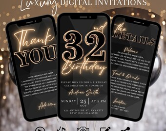 Digital 32nd Birthday Party Invitation, Animated Black Gold Dinner Invite For Women, Brunch Evite For Her, Editable Itinerary Template eCard