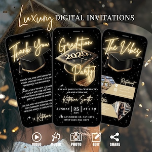 Digital Graduation Party Invitation, Animated Gold College Announcement Invite, High School Evite, Self Editable Itinerary & Thank You eCard