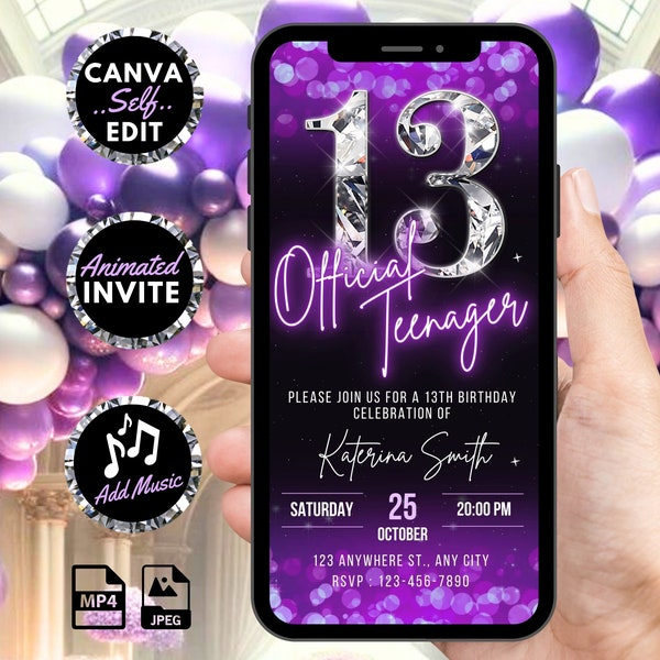 Digital 13th Birthday Invitation, Animated Glitter Purple Official Teenager Party Invite, Girls Plum Evite, Self Editable Template eCard