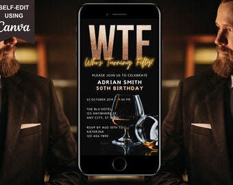 Invitación digital para fiesta de cumpleaños número 50 para hombre, invitación digital para cumpleaños número 50, WTF Fifty, whisky, Evite, plantilla editable, descarga instantánea