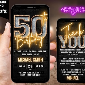 Digital 50th Birthday Invitation For Men, 50 Invite Ecard, Virtual Rustic Marquee BBQ Fifty Party Invite For Him, Self Edit Thank You Ecard