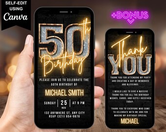 Digital 50th Birthday Invitation For Men, 50 Invite Ecard, Virtual Rustic Marquee BBQ Fifty Party Invite For Him, Self Edit Thank You Ecard
