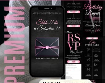 Birthday Dinner Invitation With RSVP, Surprise Digital Black Luxury Envelope Evite, Elegant Pink Website Template, Trackable Guest Invite