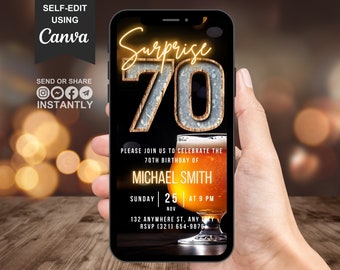 Digital Surprise 70th Birthday Invitation For Men, Beer Invite For Him, Rustic BBQ Seventy Dinner Evite For Him, Self Edit Template eCard
