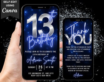 Digital Video 13th Birthday Invitation, Animated Thirteen Party Boys Invite, Chrome Neon Blue Evite For Teenagers, Editable Thank You eCard
