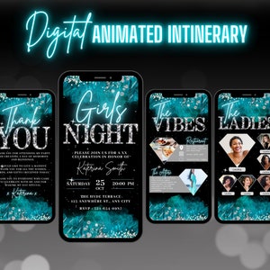 Digital Girls Night Out Invitation, Animated Teal Birthday Invite For Women, Bachelorette Party Evite For Her, Self Edit Itinerary eCard