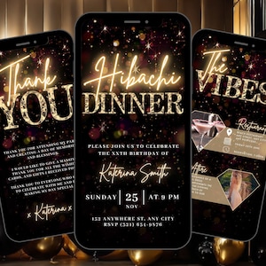 Digital Hibachi Invitation, Animated Birthday Dinner Party Invite, Black Gold Japanese Restaurant Diamond Evite, Self Edit eCard Bundle