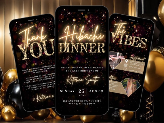 Digital Hibachi Invitation, Animated Birthday Dinner Party Invite, Black Gold Japanese Restaurant Diamond Evite, Self Edit eCard Bundle