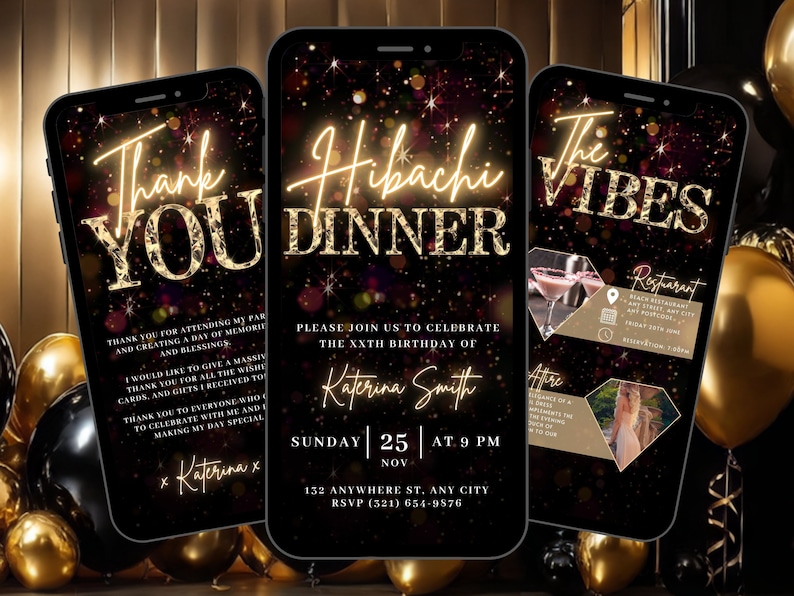 May include: A digital invitation for a Hibachi dinner party. The invitation features a black background with gold glitter and text. The text reads "Hibachi Dinner" and "The Vibes". The invitation also includes the date, time, and location of the event.
