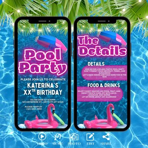 Digital Pink Pool Party Invitation, Tropical Summer Birthday Evite, Video Invite For Teens, Kids, Girls. Self Editable DIY Ecard Template.