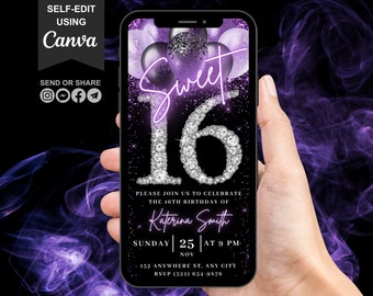 Sweet 16th Birthday Digital Invitation, Electronic 16th Birthday Party Invite, Purple Silver Diamonds Neon Font Evite, Editable Template