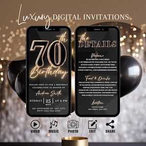 Faire-part de fête numérique pour 70e anniversaire, invitation à dîner animée en or noir pour femme, invitation à un brunch pour elle, itinéraire bricolage électronique auto-éditable