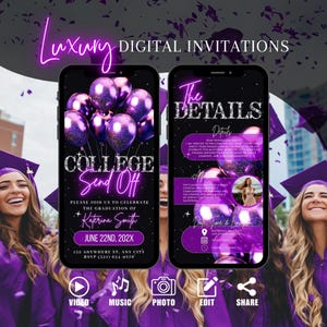 Invito digitale per la festa di laurea, invito per la festa del baule viola, saluto, invito per la festa di laurea della scuola superiore, modello di biglietto d&#39;auguri