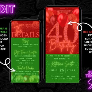 May include: A digital invitation for a 40th birthday party. The invitation is designed to look like a smartphone screen with a red background and neon pink text. The text says "40th Birthday" and includes the name "Katerina Smith". The invitation also includes the date, time, and location of the party.