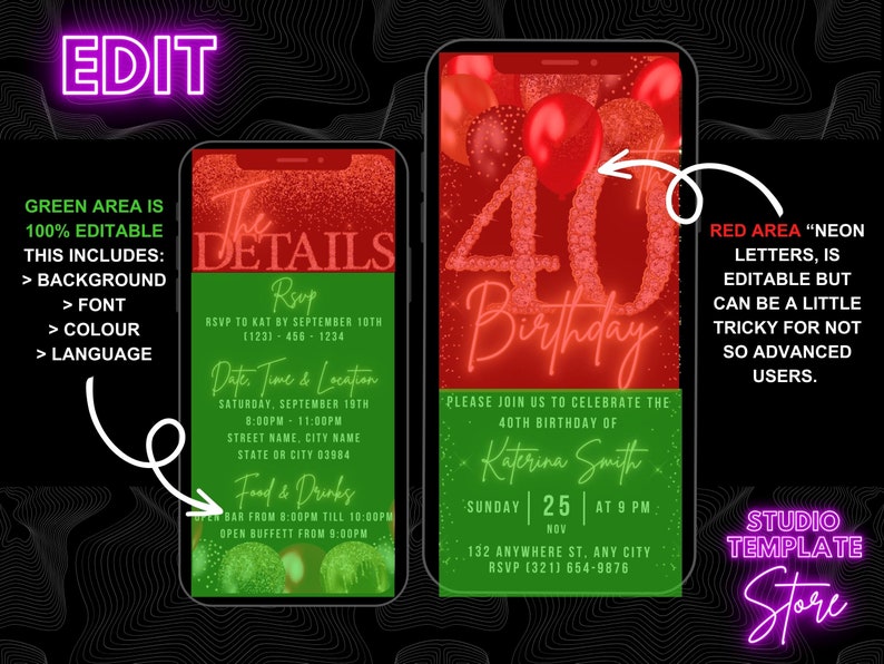 May include: A digital invitation for a 40th birthday party. The invitation is designed to look like a smartphone screen with a red background and neon pink text. The text says "40th Birthday" and includes the name "Katerina Smith". The invitation also includes the date, time, and location of the party.
