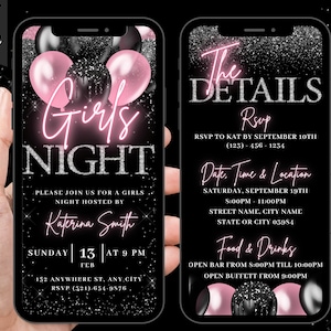Digital Girls Night Out Invitation, Animated Fun Pink Birthday Invite, Bachelorette Party Evite, Self Editable Itinerary eCard