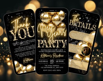 Puede incluir: Una invitación digital en negro y dorado para una fiesta de Año Nuevo. La invitación presenta una pantalla de teléfono inteligente con globos dorados y el texto "Fiesta de Año Nuevo". También se incluye el texto "Por favor, únase a nosotros para una celebración de Año Nuevo organizada en la residencia de Katerina". La fecha y la hora de la fiesta se indican como "Sábado, 25 de octubre a las 20:00". La ubicación es "The Hyde Terrace, 132 Anywhere St, Any City". El número de RSVP es (321) 654-9876.