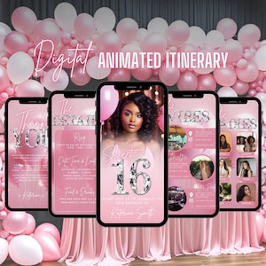 Digital Sweet 16th Birthday Invitation, Animated Sweet Sixteen Party Invite, Pink Evite, Self Editable Vibes Itinerary & Thank You eCard