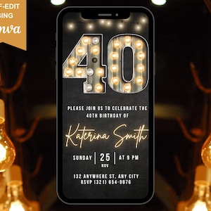 40th Birthday Invitation Digital Invite for Men, Editable Forty Adult Invitation Template, Marquee Number Evite, Mobile Evite for Him, Man