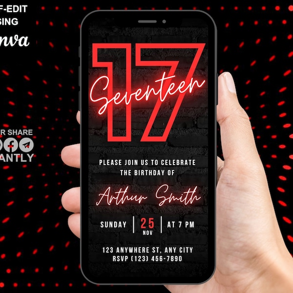 Digital 17th Birthday Party Red Neon Invitation, Electronic Phone Text Message Evite, Editable Animated Template Invite For Boys Girls