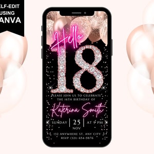 Digital Hello 18th Birthday Invitation, Animated 18th Party Invite For Teens, Rose Gold Diamonds Neon, Text Evite, Self Editable Template