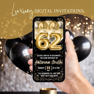 Digitale Einladung zum 62. Geburtstag, animierte Dinner-Party einladen, Gold Mobile Text Evite für Männer, selbst bearbeitbare Vorlage eCard für Frauen