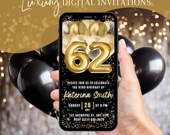Convite digital para 62º aniversário, convite animado para jantar, texto dourado para celular, convite eletrônico para homens, modelo autoeditável para mulheres