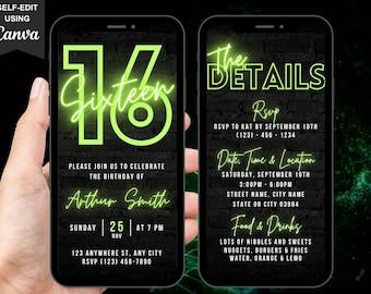 Animated 16th Birthday Invitation Boy, Digital Neon Green Black Evite, Editable Glow Dark Party Invite, Canva Template Phone Invitation