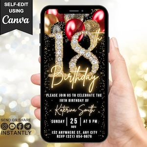 Digital 18th Birthday Invitation, Animated 18th Invite, Black Gold Red Diamond Video Party Evite, Self Editable Surprise Party Template