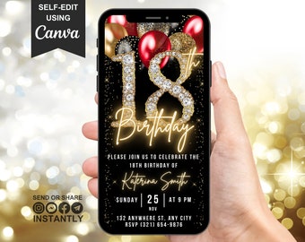 Invito digitale per il 18° compleanno, invito animato per il 18° compleanno, invito video per festa con diamanti rossi e oro nero, modello per festa a sorpresa modificabile autonomamente