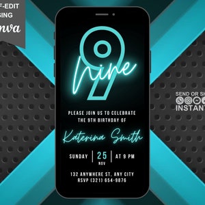 Puede incluir: Una invitación digital de cumpleaños con un número nueve de neón azul y el texto "nine" en una fuente cursiva. La invitación es para la fiesta de cumpleaños número 9 de Katerina Smith, el domingo 25 de noviembre a las 9 PM. La invitación incluye la dirección y la información de RSVP.