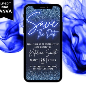 Digital Save the Date Blue Invitation, Birthday or Anniversary Invite, Editable Template, Phone Text Evite For 18th, 30th, 50th, 60th, 70th