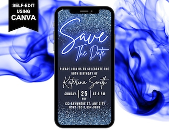 Digital Save the Date Blue Invitation, Birthday or Anniversary Invite, Editable Template, Phone Text Evite For 18th, 30th, 50th, 60th, 70th