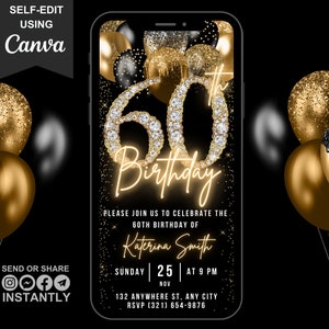 Invito digitale per il 60° compleanno per uomo, biglietto d'auguri video 60, invito virtuale per la festa di compleanno Diamond Sixty con palloncino nero oro per lui, modello modificabile
