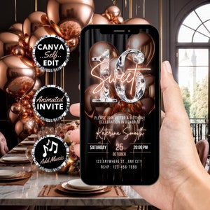 Digital Sweet 16 Birthday Invitation, Animated 16th Party Invite, Sixteen Rose Gold Balloon Diamond Girls Evite, Editable Template eCard