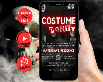 May include: A mobile phone screen shows a Halloween costume party invitation. The red text reads "COSTUME PARTY", with event details such as the date, time, and location. The design includes skull graphics and video and music icons.