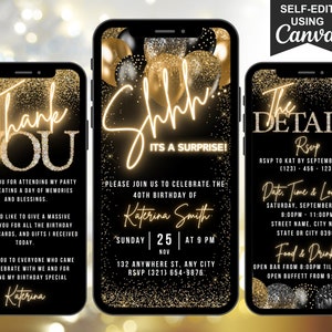 Digital 40th Surprise Birthday Invitation, 40th Invite For Her, Black Gold Silver Party Invite For Him, Editable Itinerary & Thank You eCard