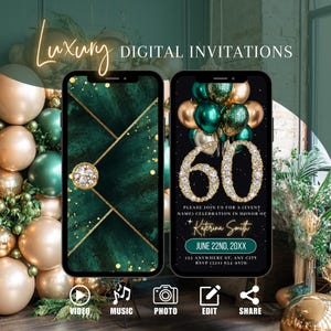 Digital Green Gold 60th Birthday Invitation, Animated Surprise Invite, Diamond Brunch Evite, Dinner Party Editable Template Ecard For Women