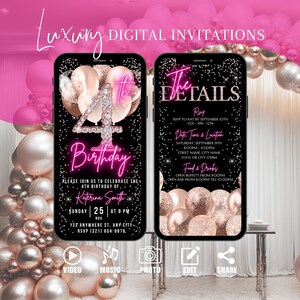 Faire-part numérique pour 4e anniversaire, invitation animée pour fête des 4 ans, jolis diamants en or rose rose pour fille, carte électronique auto-modifiable pour elle