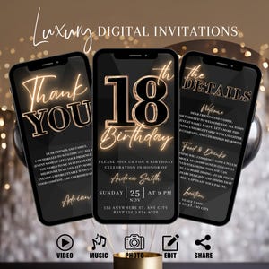 May include: A digital invitation for an 18th birthday party. The invitation is black with gold accents and features the text "Thank You", "18th Birthday", "Please join us for a birthday celebration in honor of Andrea Smith", "Sunday | 25 | Nov | At 9 PM", "132 Anywhere St, Any City", "RSVP (321) 654-9876", "The Details", "Welcome", "Dear friends and family, I am thrilled to welcome you all to my (event name) party! Let's make this evening unforgettable with laughter, good company, and cherished memories.", "Food & Drinks", "Evening will commence with a touch of glamour as champagne is elegantly served. Following this, you can enjoy a sublime dining affair, filled with culinary delights and dishes that will truly captivate your palate.", "Location", "Venue Name", "Any Street, Any City".