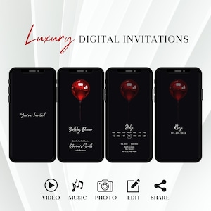 May include: Four black smartphones displaying digital invitations. The invitations feature a red balloon graphic and text, including "You're Invited," "Birthday Dinner," "July," and "RSVP." The word "Luxury" is written in red script.