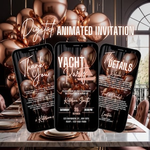 Digitale jachtfeestuitnodiging, geanimeerde bootfeestuitnodiging, Rose Gold Cruise Summer Boat Party Evite, zelf bewerkbare reisroute e-cardbundel