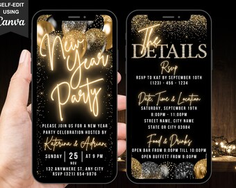 Può includere: Un invito a una festa di Capodanno con glitter dorati su sfondo nero. L'invito presenta il testo "New Year Party" in glitter dorati e il testo "The Details" in glitter dorati. L'invito include anche la data, l'ora e il luogo della festa, nonché le informazioni RSVP.